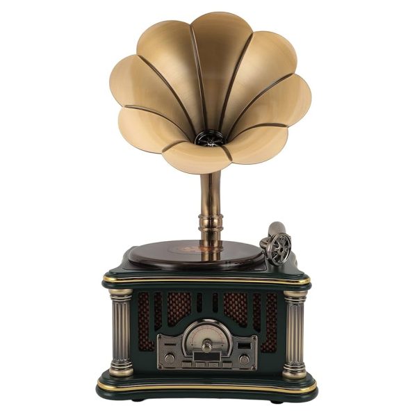 record player, gramophone, phonograph turntable, vintage speaker, wireless music system, USB record player, FM radio speaker, home audio decor, nichomdecor, nicdecor.com