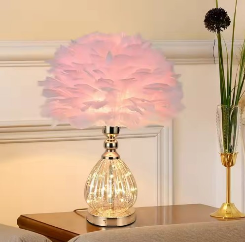 Pink Color Feather Shade with Crystal Design Metal Base NIC HOME