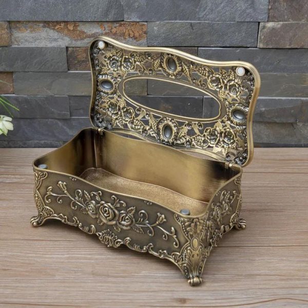 metal tissue box holder, antique rose tissue box, vintage tissue cover, floral tissue holder, home decor accessory, elegant tissue box, nicdecor.com, nichomedecor, gift for home, metal desk organizer