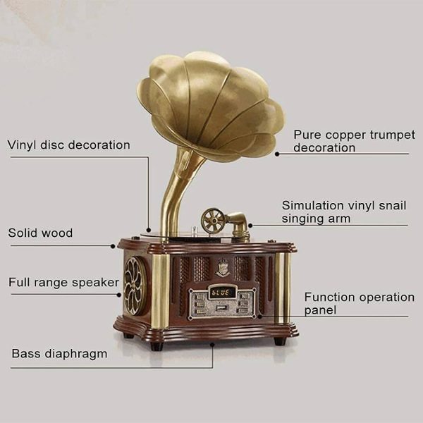 record player, gramophone, phonograph turntable, vintage speaker, wireless music system, USB record player, FM radio speaker, home audio decor, nichomdecor, nicdecor.com