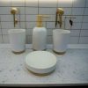 Minimalist white and wood bathroom accessory set
