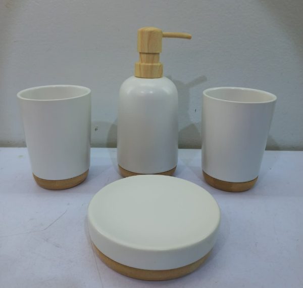 Minimalist white and wood bathroom accessory set 2