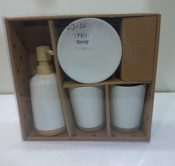 Minimalist white and wood bathroom accessory set 3