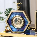 glam desk clock, agate table clock, deer head clock, hexagon clock, gold finish clock, home decor clock, office desk clock, nicdecor.com, nichomedecor