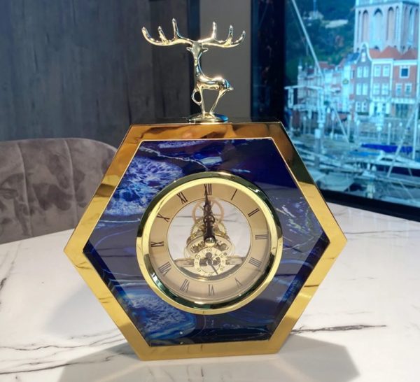glam desk clock, agate table clock, deer head clock, hexagon clock, gold finish clock, home decor clock, office desk clock, nicdecor.com, nichomedecor
