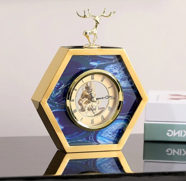 glam desk clock, agate table clock, deer head clock, hexagon clock, gold finish clock, home decor clock, office desk clock, nicdecor.com, nichomedecor