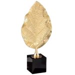golden leaf decor, marble base showpiece, luxury home decor, table sculpture, small leaf stand, minimal accent piece, artistic decor item, nicdecor.com, nichomedecor