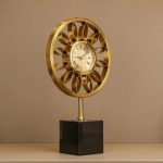 golden sunflower clock, modern table clock, minimalist desk clock, floral tabletop decor, quiet quartz clock, home office accessory, creative flower clock, nicdecor.com, nichomedecor