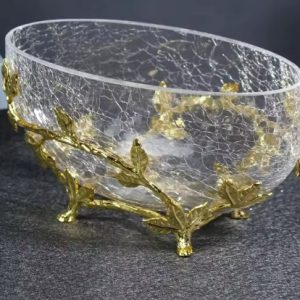 Crackle glass fruit bowl with metal leaf design stand 2