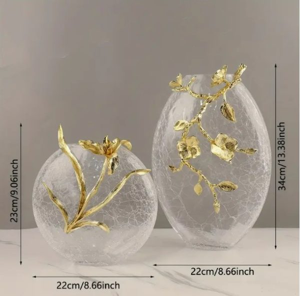 Crackle glass vase with golden metal accents 1