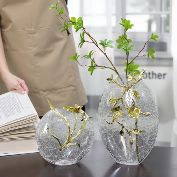 Crackle glass vase with golden metal accents 2