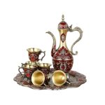 Turkish coffee pot & cup set – maroon & golden metal