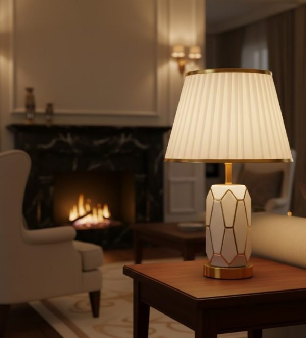 White & Golden Ceramic Metal Table Lamp with White Fabric Shade2