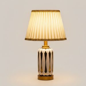 White & Golden Ceramic Table Lamp with Cream Fabric Shade