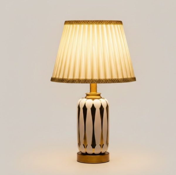 White & Golden Ceramic Table Lamp with Cream Fabric Shade