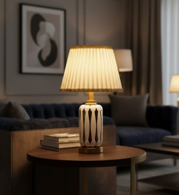 White & Golden Ceramic Table Lamp with Cream Fabric Shade2