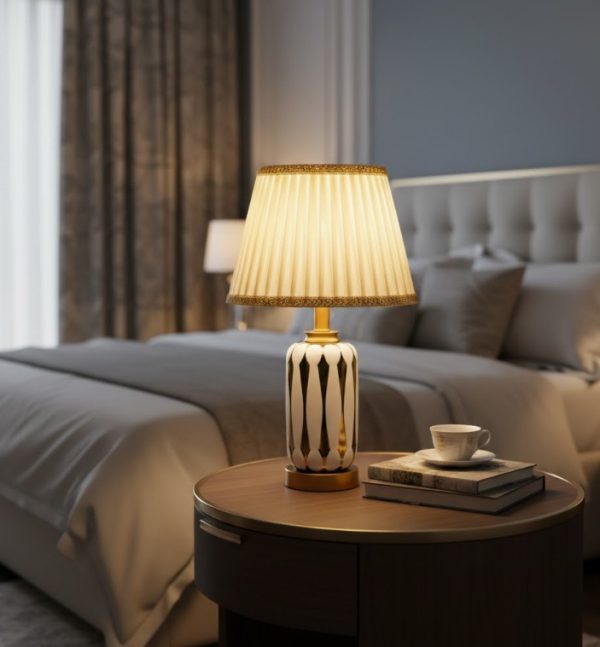 White & Golden Ceramic Table Lamp with Cream Fabric Shade3