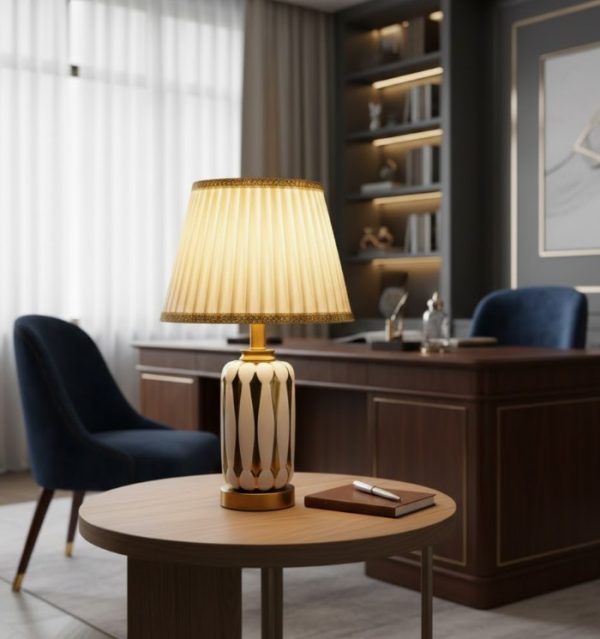 White & Golden Ceramic Table Lamp with Cream Fabric Shade4