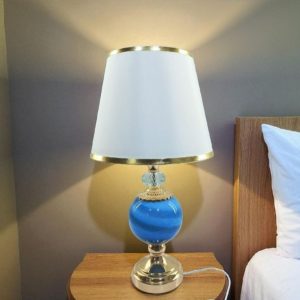Blue gold fabric metal body with glass‑stone table lamp
