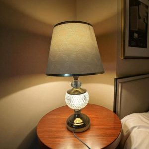 Metal body with acrylic design & brown fabric shade table lamp 21