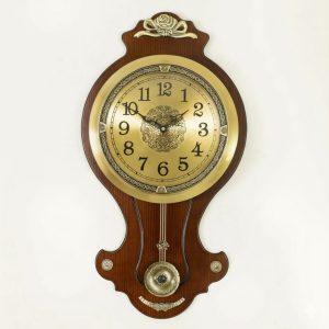 Classic Wooden Pendulum Wall Clock with Golden Dial and Metal Accents