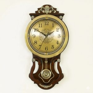 Golden Dial Pendulum Wall Clock – Wooden Body