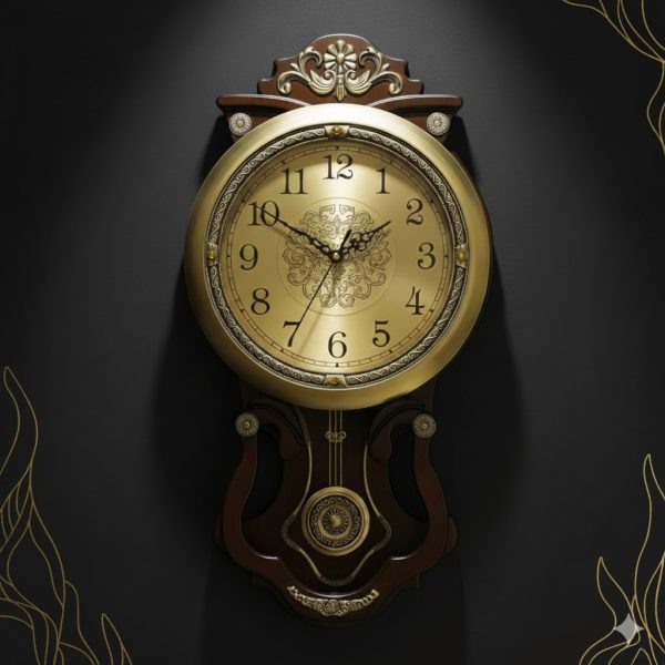 Golden Dial Pendulum Wall Clock – Wooden Body