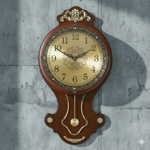 Golden Dial Pendulum Wall Clock – Wooden Body with Metal