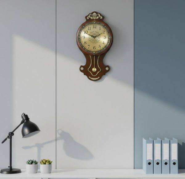 Golden Dial Pendulum Wall Clock – Wooden Body with Metal3