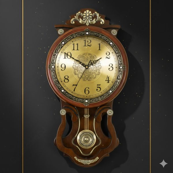 High Quality Wooden Body with Metal and Stone Design Golden Color Dial Pendulum Wall Clock