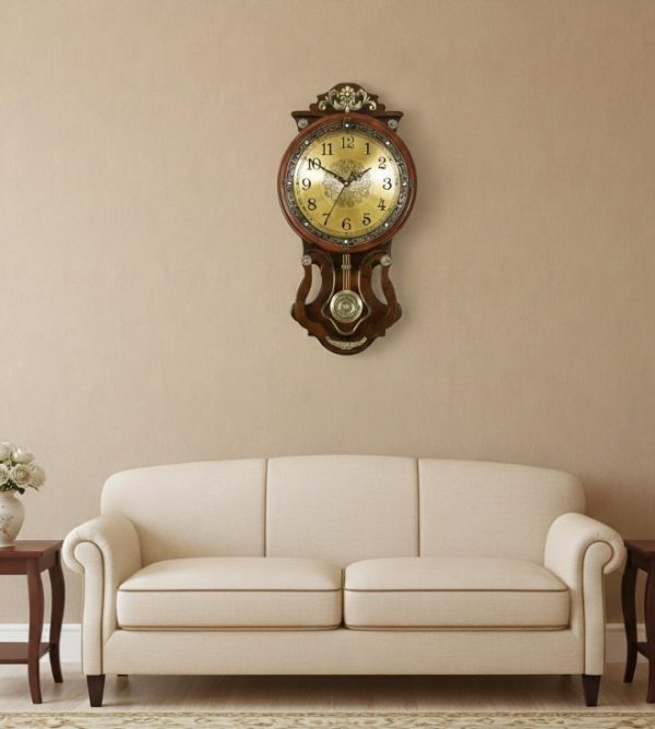 High Quality Wooden Body with Metal and Stone Design Golden Color Dial Pendulum Wall Clock