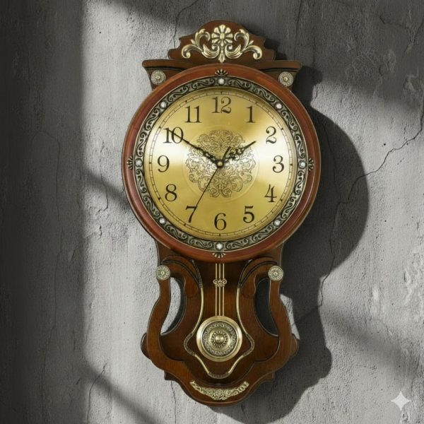 High Quality Wooden Body with Metal and Stone Design Golden Color Dial Pendulum Wall Clock