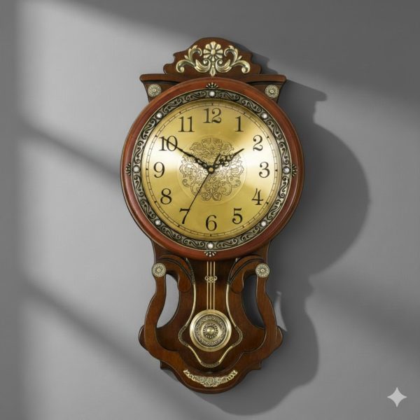 High Quality Wooden Body with Metal and Stone Design Golden Color Dial Pendulum Wall Clock