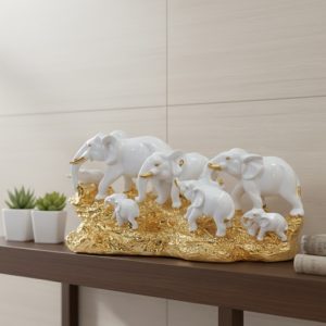 White & Gold Elephant Family Showpiece