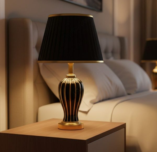 Black & Golden Ceramic Table Lamp with Black Fabric Shade3