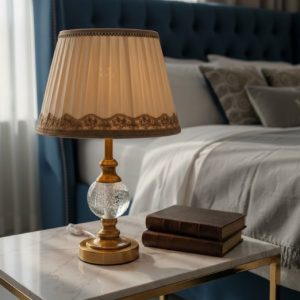 Golden Dual Light Table Lamp with Crystal & Fabric Shade1555555