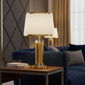 Golden Metal & Glass Table Lamp with White Fabric Shade2