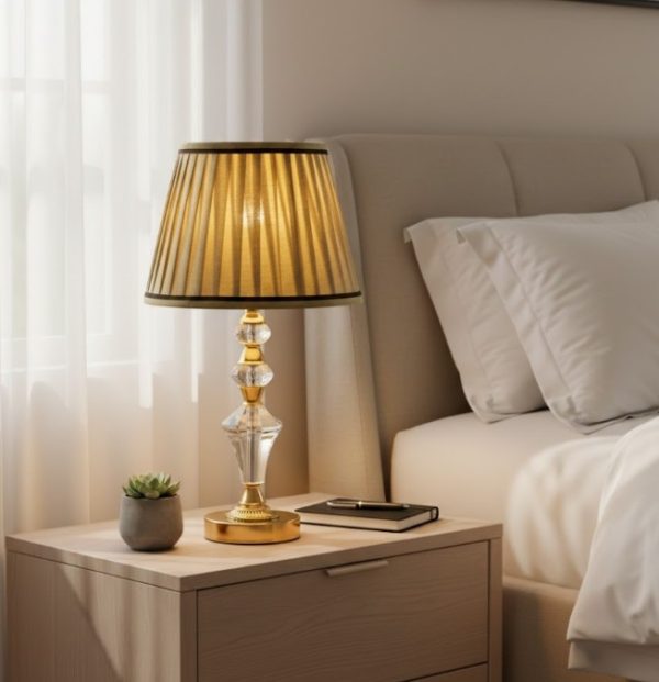 Golden Metal Table Lamp Crystal Design & Beige Fabric Shade23