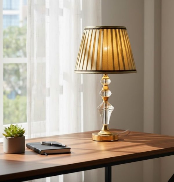 Golden Metal Table Lamp Crystal Design & Beige Fabric Shade5