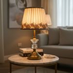 Golden Metal Table Lamp with Crystal & Cream Fabric Shade