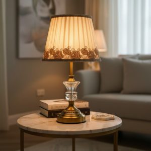 Golden Metal Table Lamp with Crystal & Cream Fabric Shade