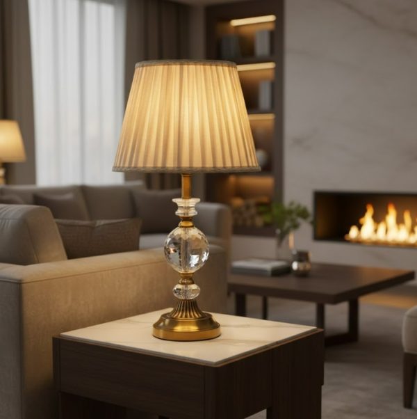 Golden Table Lamp with Crystal Design and Cream Fabric Shade2