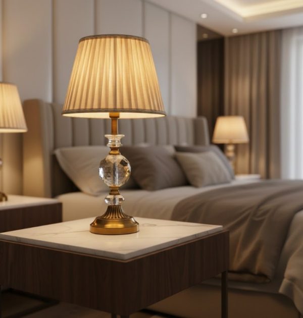 Golden Table Lamp with Crystal Design and Cream Fabric Shade3