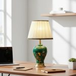 Green & Golden Ceramic Table Lamp Metal Base Fabric Shade
