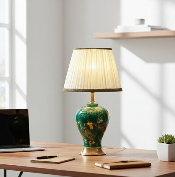 Green & Golden Ceramic Table Lamp Metal Base Fabric Shade