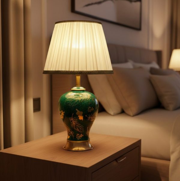 Green & Golden Ceramic Table Lamp Metal Base Fabric Shade3