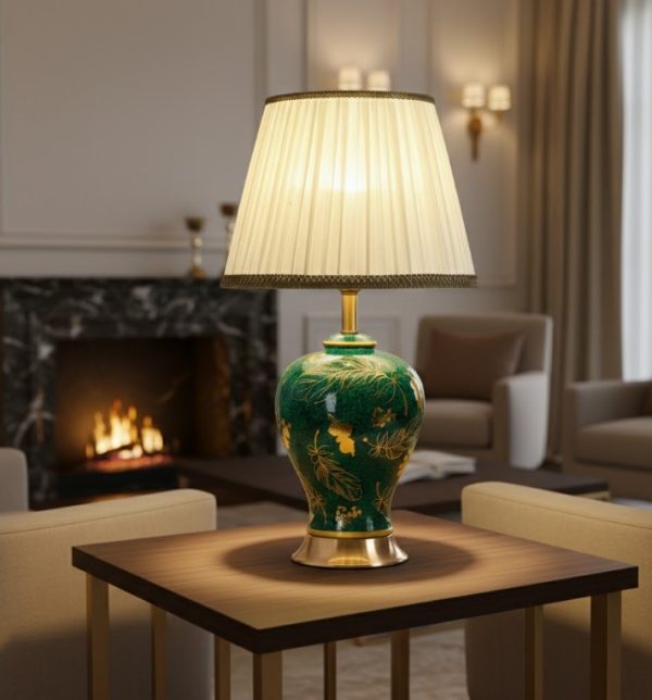 Green & Golden Ceramic Table Lamp Metal Base Fabric Shade4