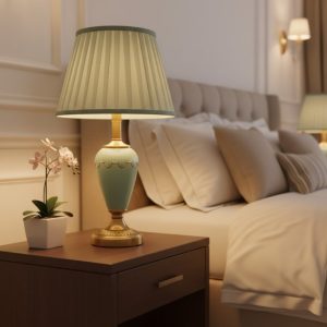 Green & Golden Ceramic Table Lamp with Green Fabric Shade2