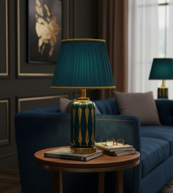 Green & Golden Ceramic Table Lamp with Green Fabric Shade588