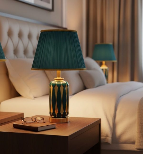 Green & Golden Ceramic Table Lamp with Green Fabric Shade5899